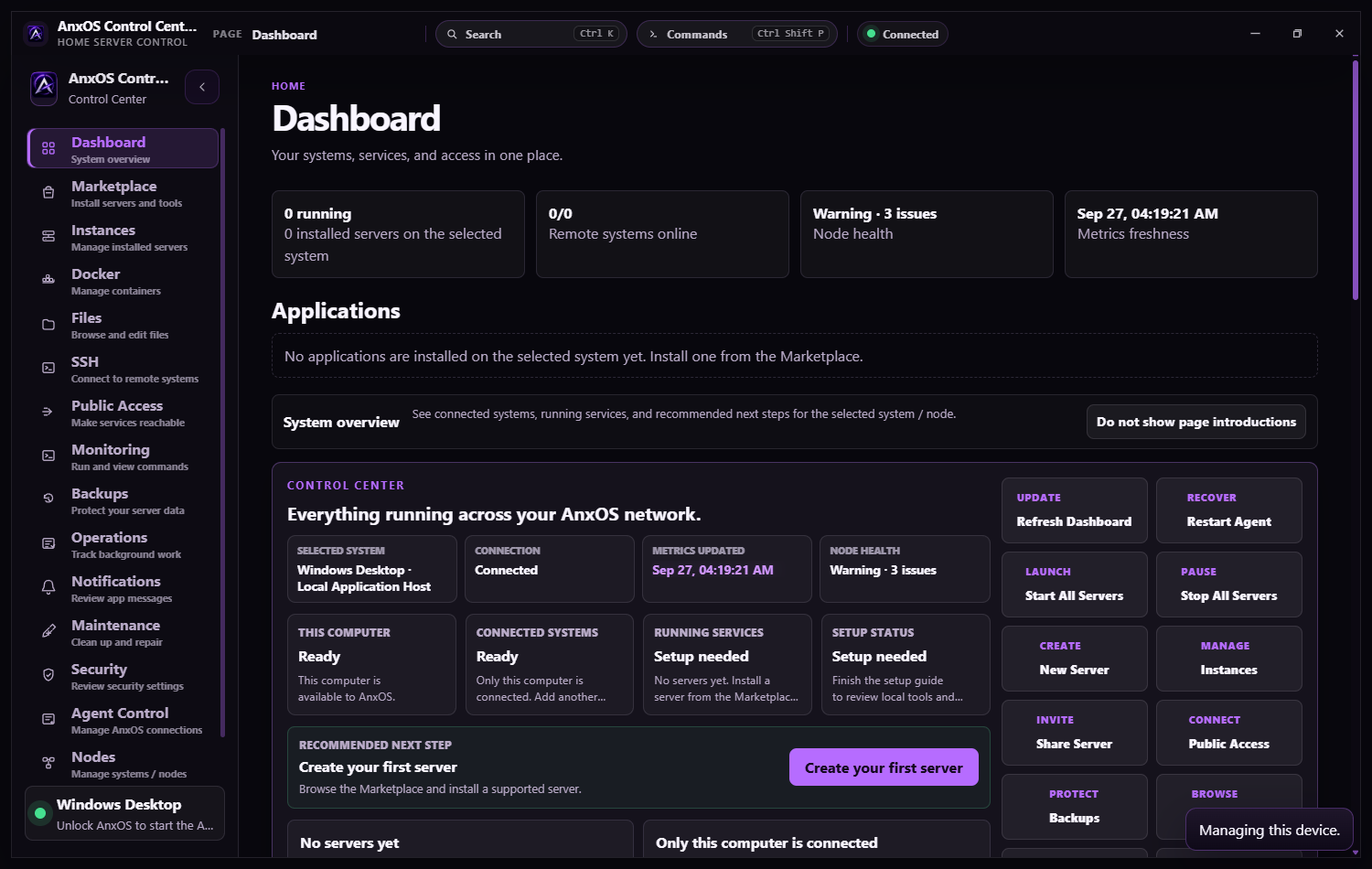 AnxOS Control Center dashboard showing running servers, connected systems, Node Health, and a recommended next step.