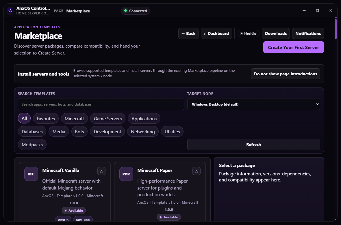 Marketplace window with template search, a target-node selector, and Minecraft template cards.