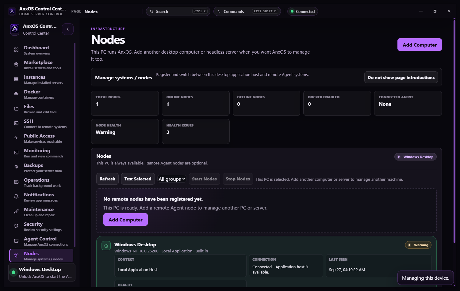 Nodes window listing total, online, and offline nodes with connection state and Node Health.