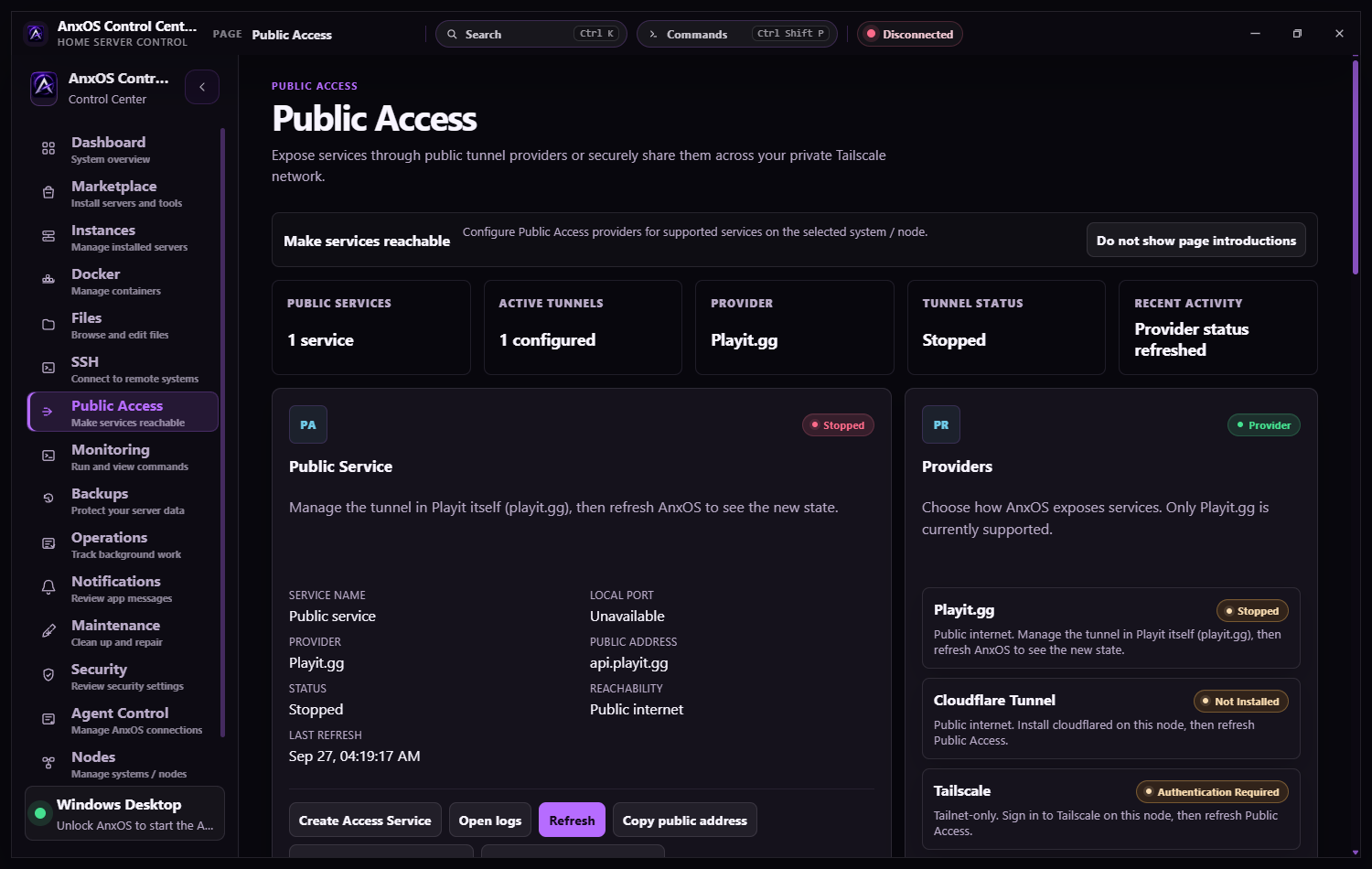 Public Access showing one configured Playit.gg tunnel and provider states for Playit.gg, Cloudflare Tunnel (not installed), and Tailscale (authentication required).
