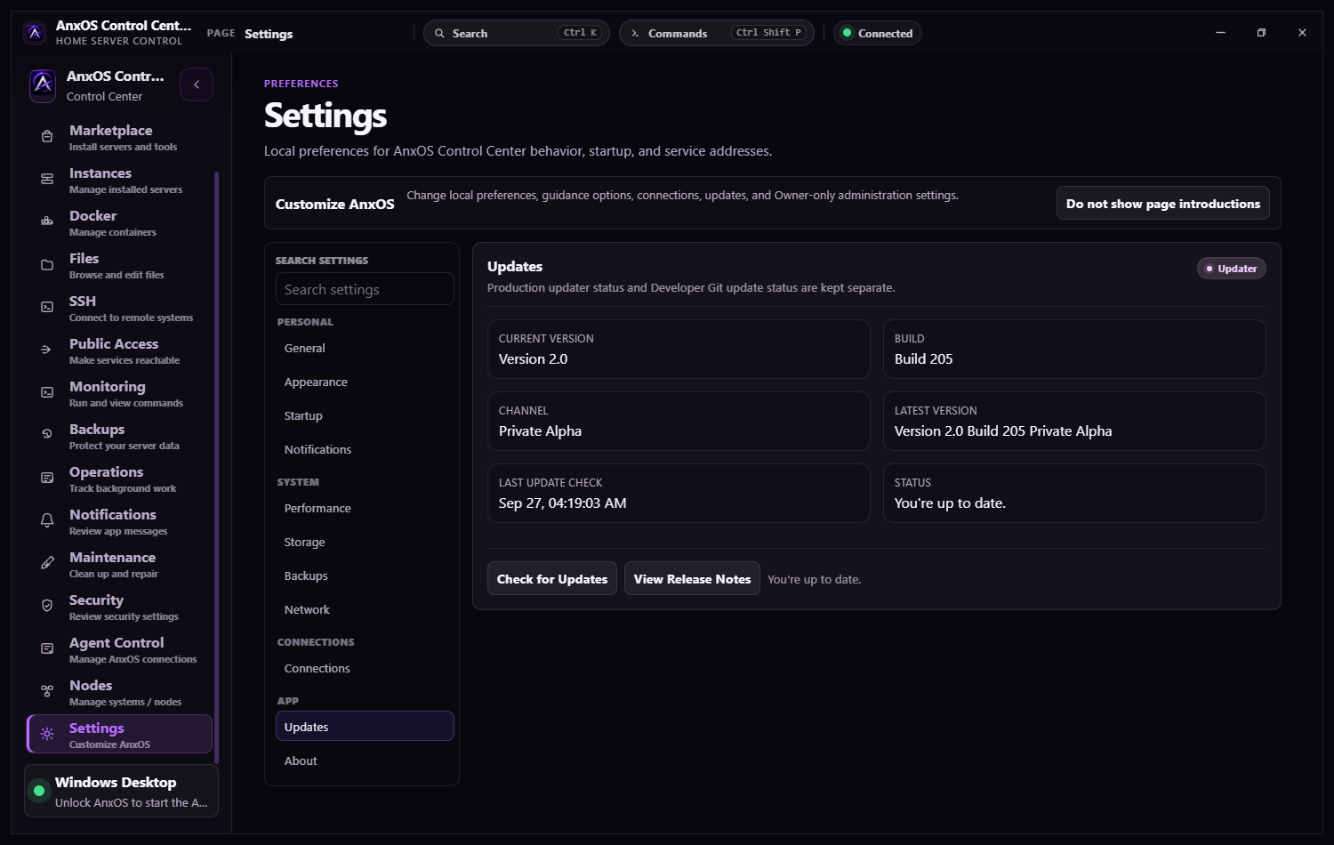 Settings → Updates showing current version, build, channel, and update status for the app.